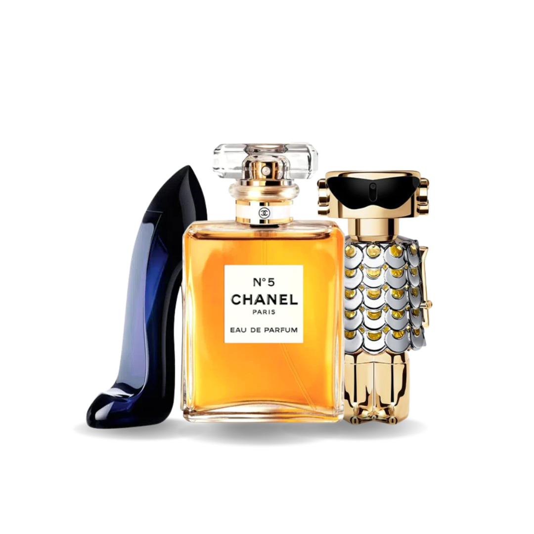 Zestaw 3 perfum damskich – Good Girl od Caroliny Herrery, Nº5 od Chanel i Fame od Paco Rabanne (po 100ml)